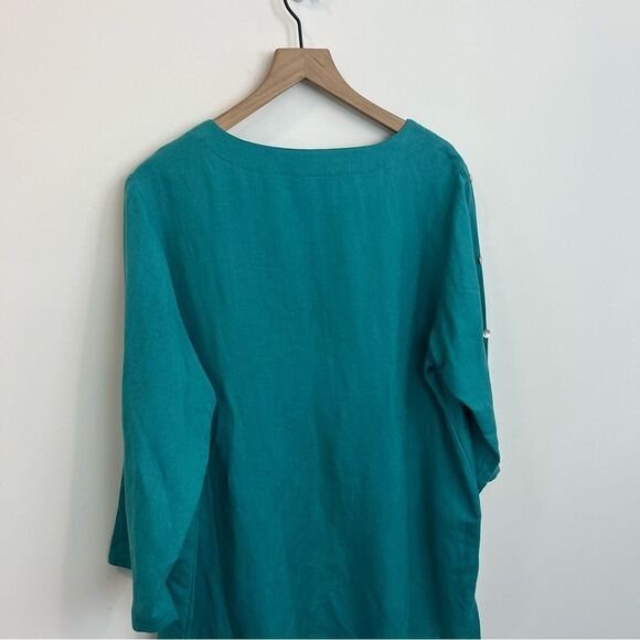 Toofan teal linen 1X blouse with buttons down arm - Picture 5 of 14